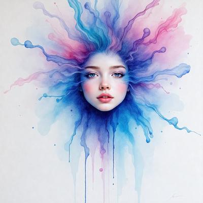 The primary subject of the image is a woman's face, which is the main focus of the image. The setting is a painting, and the visual style is a digital art or illustration. The colors and mood of the image are vibrant and lively, with a mix of blue, pink, and purple hues.